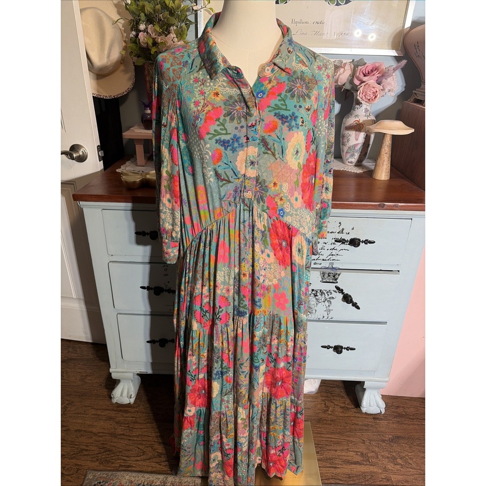 Natural Life Rebecca Maxi Dress XL Retro Pink Floral Button Front Pockets. Boho.